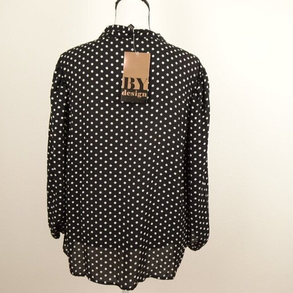 BY DESIGN Neck Tie Top Women's Plus Size 1X Black Polka Dot Smocked Shoulder - Picture 5 of 10